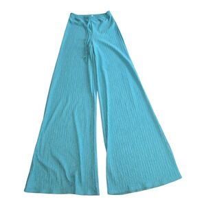 Yellow Cabbage Womens Wide Leg Ribbed Knit Pants‎ Turquoise Blue High Waist XL